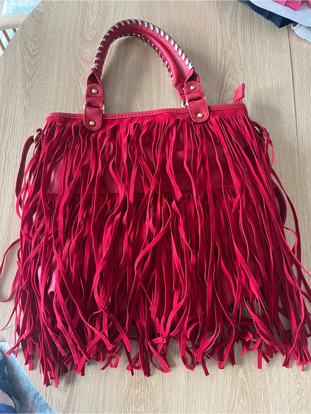 Ashley Stewart Red Fringe Tote with Braided Handle